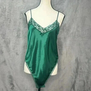 Vtg Victorias Secret Gold Label Sz M Emerald Green Satin‎ Bodysuit Lace Trim
